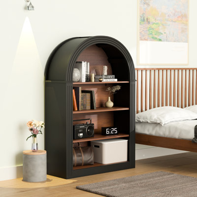 Grande bibliothèque arquée en bois noire à 4 tablettes de 45,66 po à 4 tablettes, au design moderne et classique, avec trousses pour couleur familiale, matériau stable, chambre de rangement polyvalente, style rétro