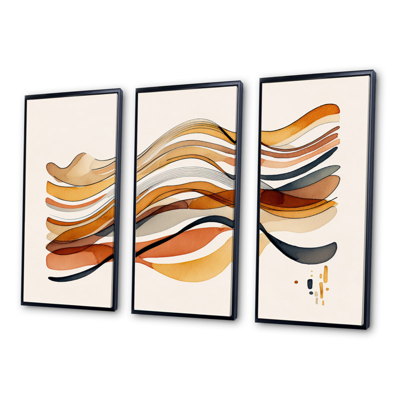 «Burnt Orange Waves Abstract VI», ensemble d'art mural moderne sur toile, Cadre noir, H 28 po x l 36 po x P 1 po