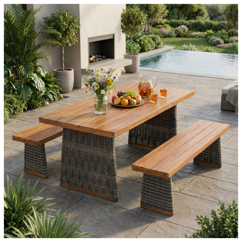 Ensemble de salle à manger d'extérieur 3 pièces avec table en bois d'acacia et chaises en rotin tissé à la main, gris et teck