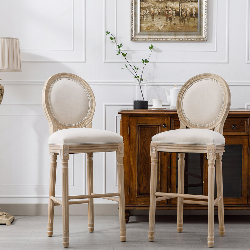 Ensemble de 2 tabourets de bar en bois français avec siège rembourré, beige et naturel French Country