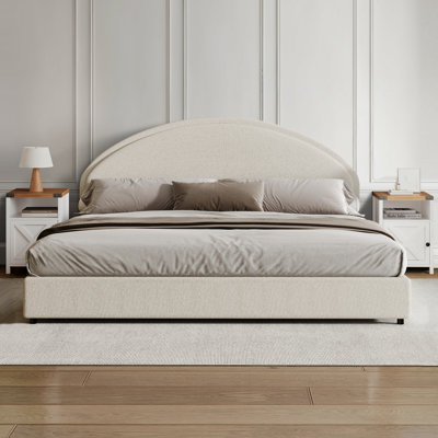Boucle Upholstered Bed Frame with Headboard 2 Nightstand Complete 3-Piece Bedroom Set