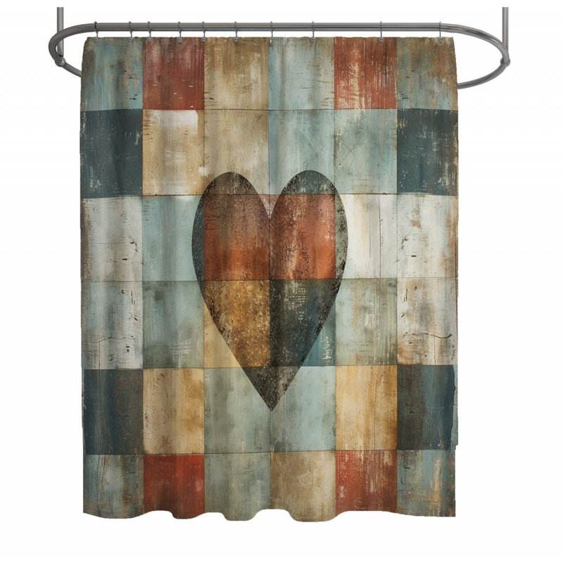 Heart Symbolic Warm Checkered Shower Curtain, 83"H x 70"W