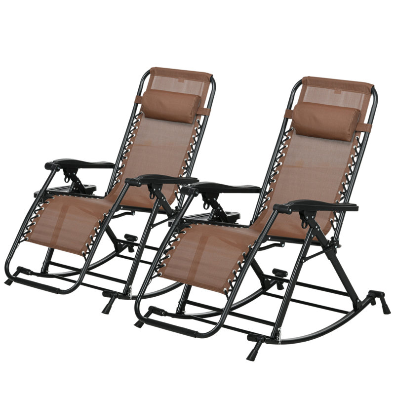 Outsunny Set Of 2 Outdoor Rocking Chairs, Foldable Reclining Zero Gravity Lounge Rocker With Pillow, Cup & Phone Holder, Combo Design With Folding Legs