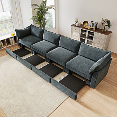 Upholstered Sofa With Pull Out Storage Drawers Under Each Seat
