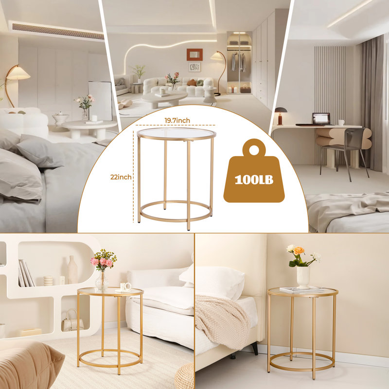 Round Glass Top End Side Table, Gold