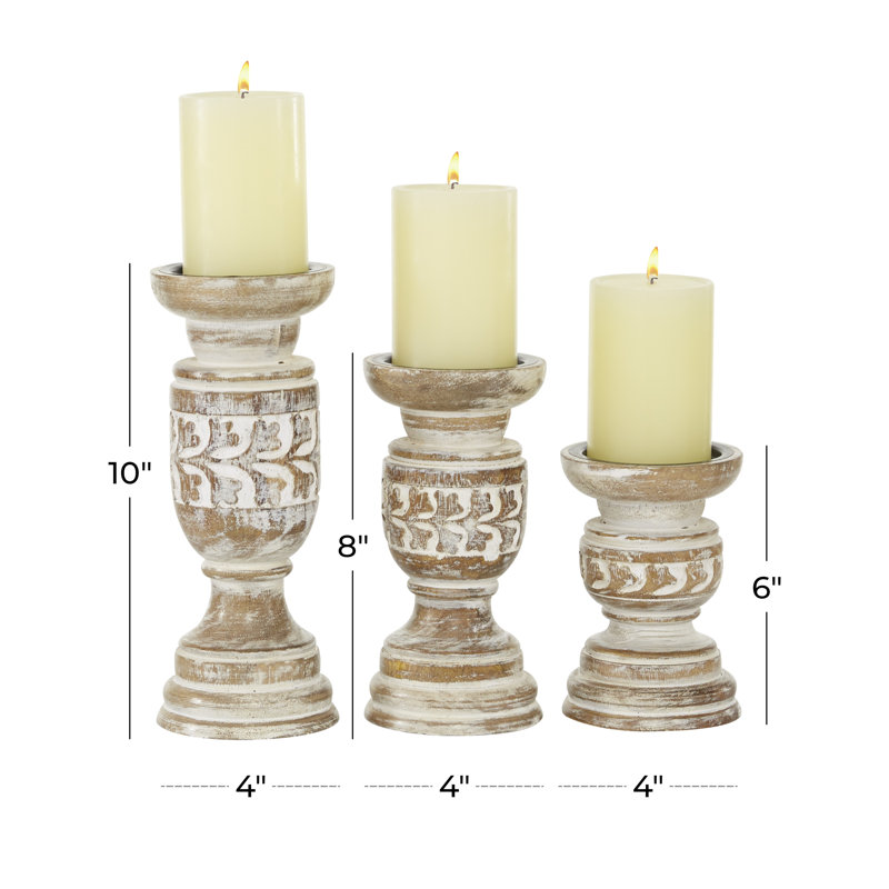 Distressed Light Brown Mango Wood Candle Holder Set