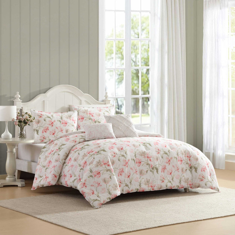 Laura Ashley Gosford Cotton Reversible Pink Comforter Bonus Set, Twin Comforter + 4 Additional Pieces