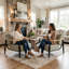 Ensemble de 2 chaises d'appoint Mid-Century beige avec accoudoirs en bois et structure en métal noir, support à ressorts confortable-1221708720