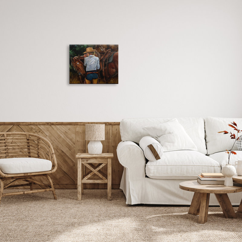 «Cowgirl Tendant To Horse On Canvas» par Victoria Schultz, reproduction, H 16 po x l 20 po x P 1,5 po