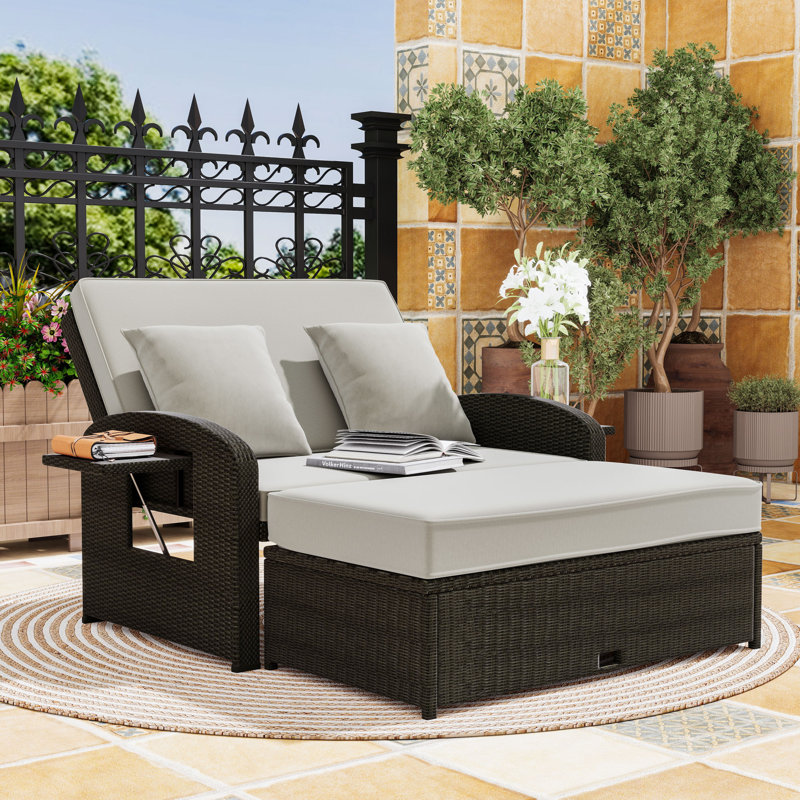 PE Rattan Double Chaise Lounge with Adjustable Backrest, Footrest and Comfortable Cushion, Brown, Gray