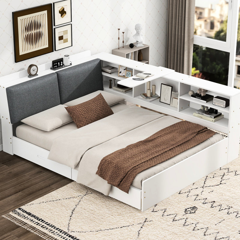 Lit double en bois blanc avec tête de lit avec rangement, tablettes et 2 tiroirs, solide +, plateau rotatif facile à installer, capacité de charge élevée