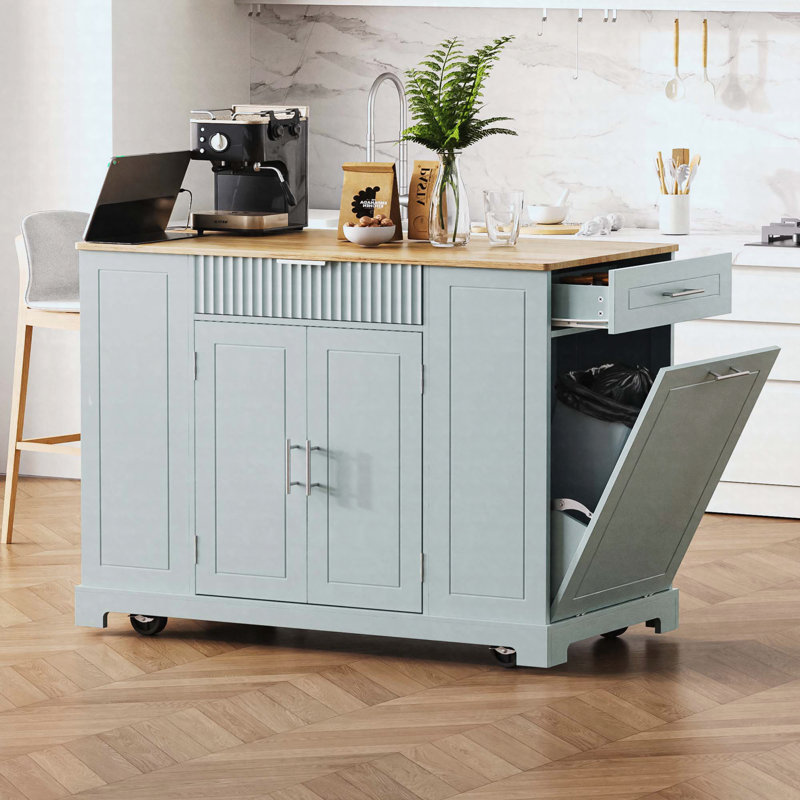 Fluted Kitchen Island with Trash Can Storage Cabinet, Power Outlet, Internal Storage Rack, Rolling Kitchen Islands on 5 Wheels with 3 Drawer, 3 Open Side Racks for 10 Gallon Garbage Bin,Grey Blue