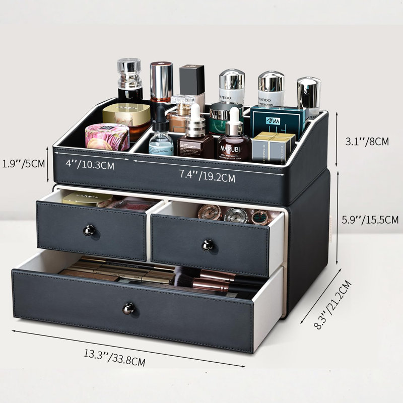 Organisateur de maquillage en cuir avec 3 tiroirs, support de beauté pour pinceau à lèvres, 2 niveaux, (noir), Black