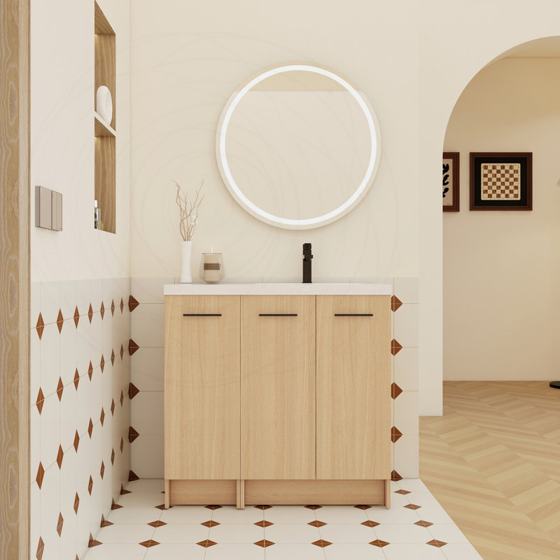Meuble-lavabo autoportant modulaire 36 po avec plateau en résine chêne clair, Oui
