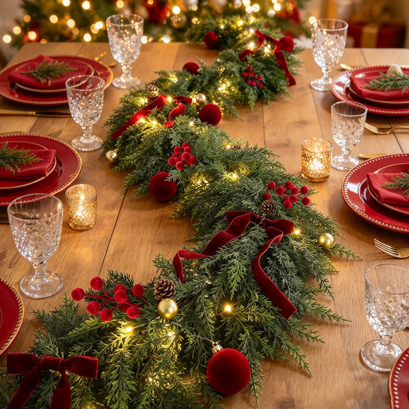 9 FT Pre-Lit Cedar Christmas Garland with Ornaments, for double doors, porch columns, mantels, windows, and entryways