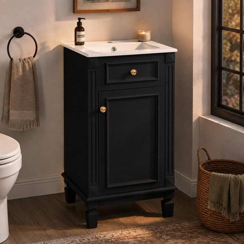 Meuble-lavabo de style français de 45,9 cm (18,05 po) avec lavabo en céramique, porte à fermeture amortie, tablette réglable, noir, autoportant