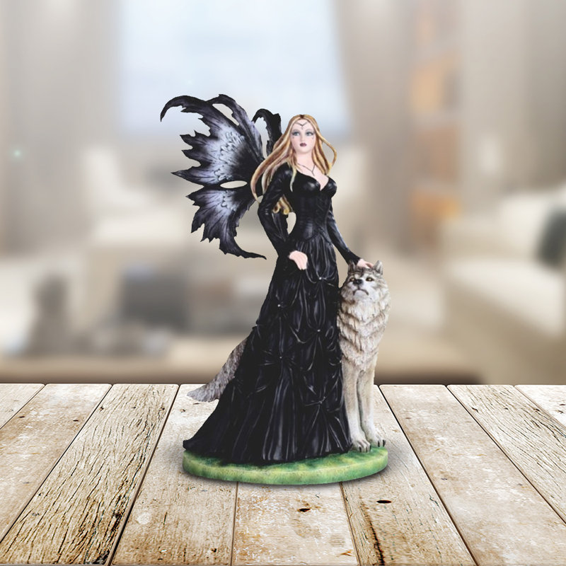 23"H Black Fairy with White Wolf Figurine