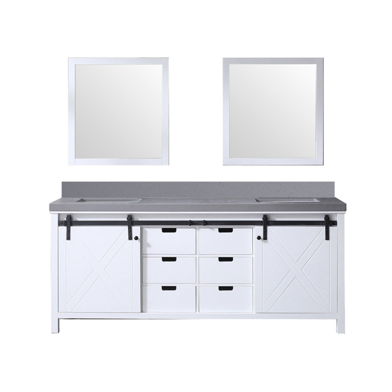 80 po W Double meuble-lavabo blanc avec comptoir en quartz gris, 30 miroirs, structure à fermeture douce et structure intérieure remplie de contreplaqué