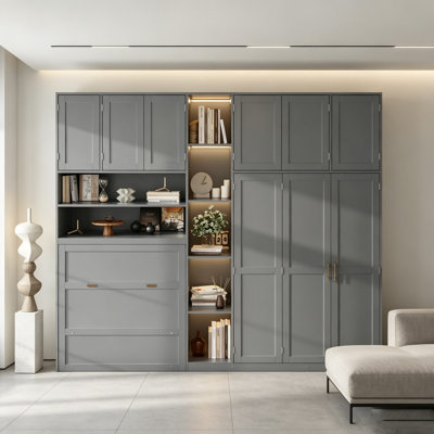 Twin Murphy Bed with Wardrobe, Storage Cabinets and LED Light Open Shelves