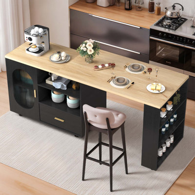 Kitchen Island With Extended Table, Storage Cabinet, Drawers, Black Oak
