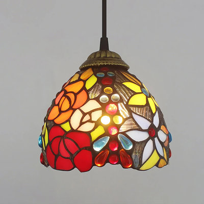 Stained Glass Pendant Light In Rose Patter