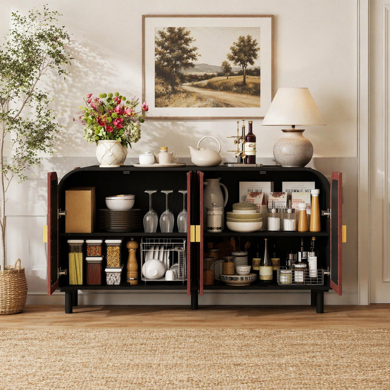 Buffet rétro arqué avec poignée demi-lune dorée, tablettes réglables et pied central en bois massif pour un rangement polyvalent