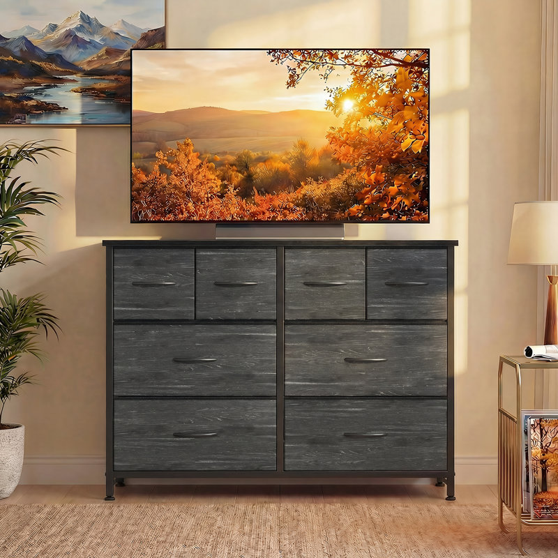 8-Drawer Fabric Dresser, 30"H Storage Chest with Wood Top, Wood Black