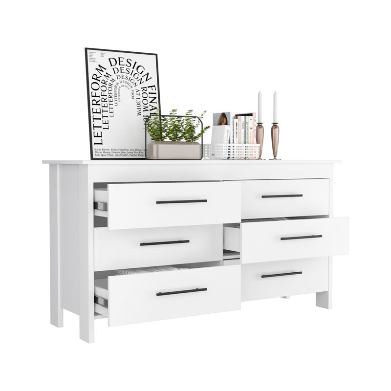 Commode double 6 tiroirs Hms, quatre pieds, plateau supérieur, Blanc