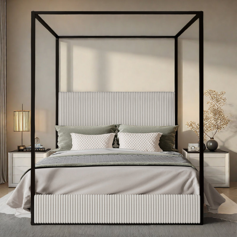 Upholstered Metal Canopy Bed, White/Black, King