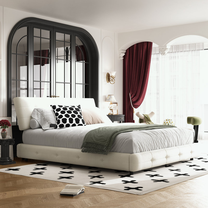 Structure de lit en chenille grand avec tête de lit capitonnée, Beige, Grand