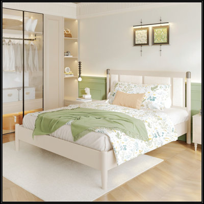 Grand lit en bois massif avec support robuste de 500 lb, sans sommier tapissier, tête de lit tapissier et poignées en métal