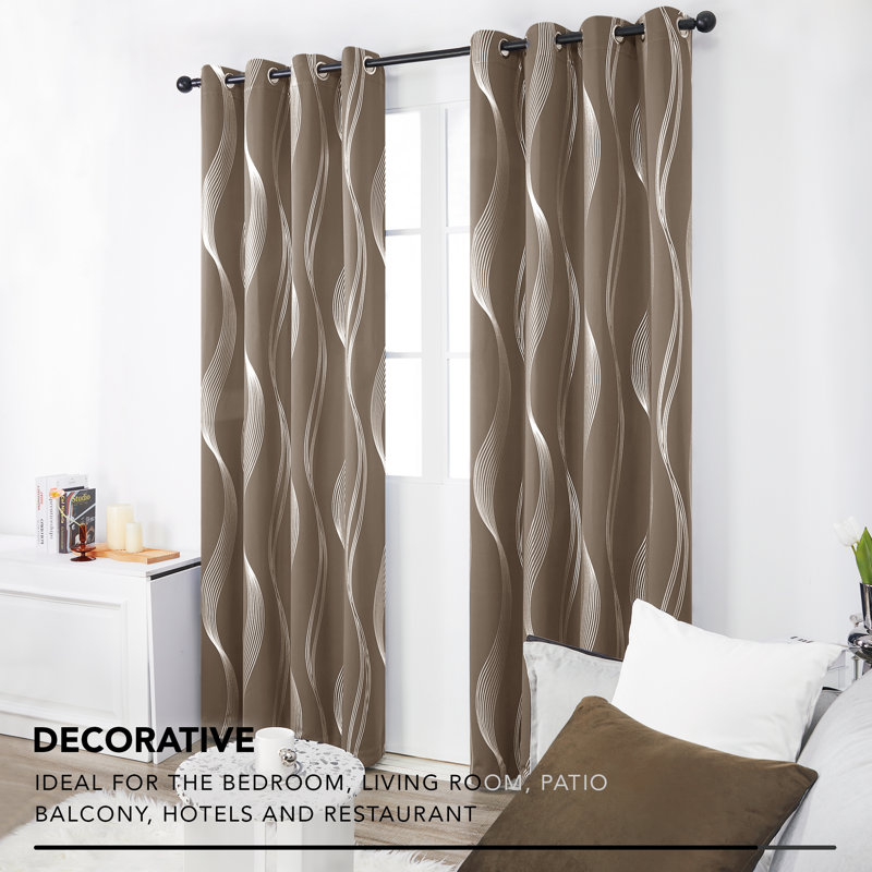Spurgh Sliver Wave Foil Print Blackout Thermal Grommet Curtain Panels (Set of 2), 52" W x 95" L, Khaki