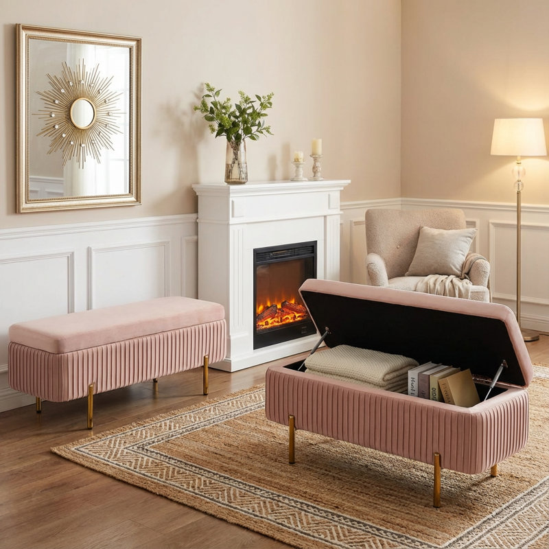 Banc de rangement en velours Leaysia, Rose