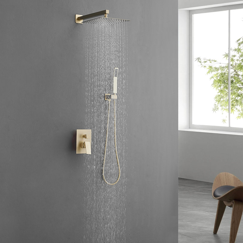 Système de douche de luxe mural à pluie en or brossé 10 pouces, salle de bain contemporaine avec douche à main, poignée, robinets à 3 trous, robinet géométrique à poignée manuelle, valve à cartouche