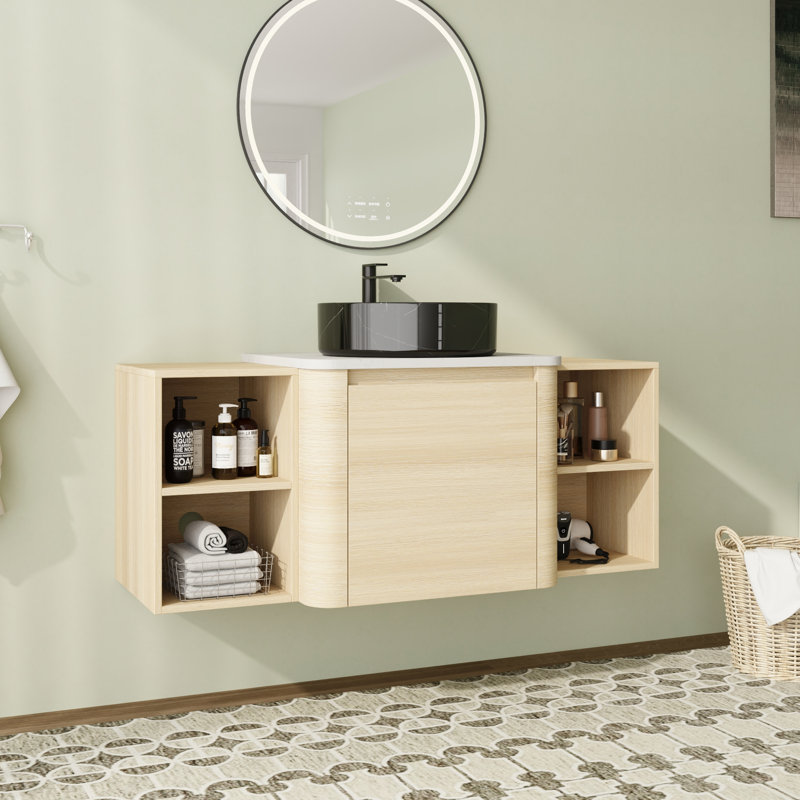 Ensemble de meuble-lavabo mural simple 48 po avec plateau en pierre reconstituée et portes à fermeture en douceur 48 po