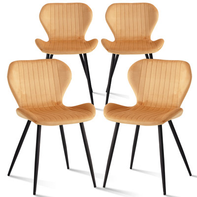 Velvet Dining Chairs Set of 4, Upholstered Modern Kitchen Chair with Curved Backrest & Metal Legs for Home, Apartment, Yellow