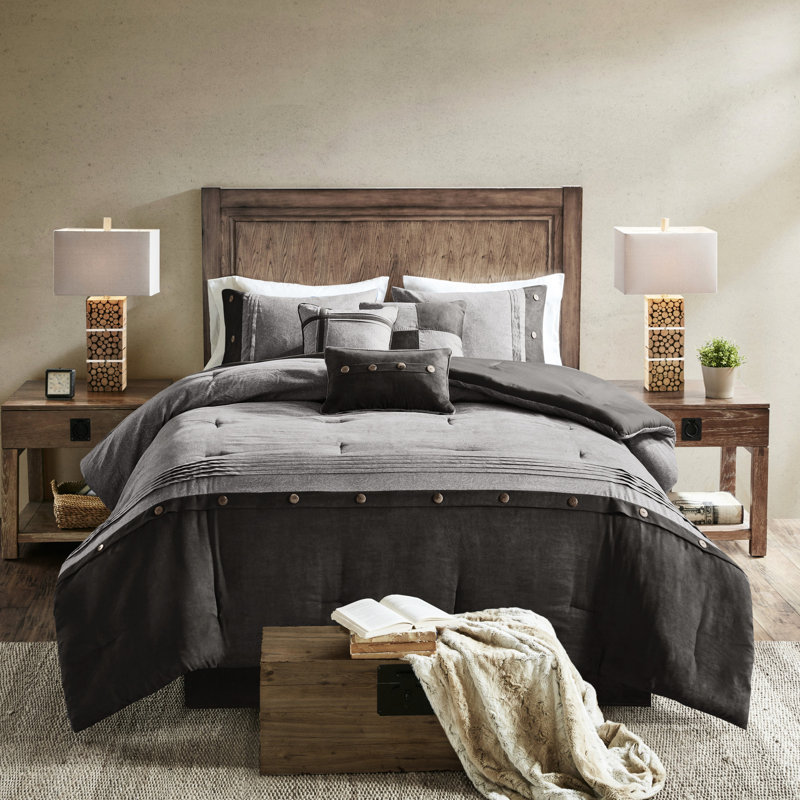 Édredon en faux suède gris 7 pièces Queen, Gris, Édredon grand et 6 pièces supplémentaires