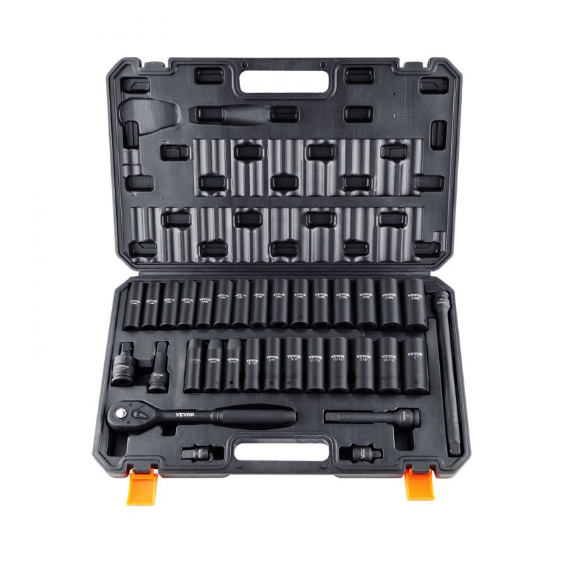 Ensemble de douilles 1/2 "à percussion, 33 pièces SAE 3/8" - 1 "et métrique 10-24mm, en acier allié Cr-V à 6 points pour réparation automatique, marquages faciles à lire, construction robuste, comprend Étui de rangement