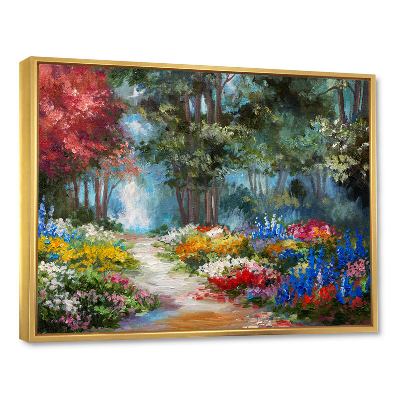 «Summer Path in Forest Landscape II», reproduction d'art sur toile, H 8 po x l 12 po x P 1 po, Toile encadrée flottante dorée