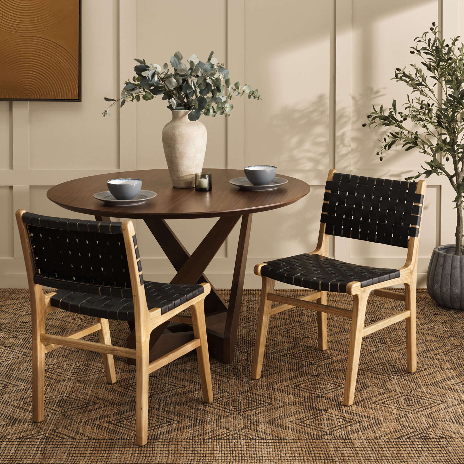 Alston Genuine Leather Side Chair, Black/Natural