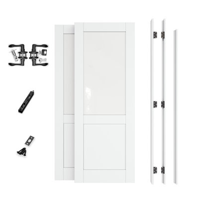 Porte française intérieure 72 po x 80 po, portes en verre trempé givré demi-Lite, ensemble de cadre complet, charnières en nickel satiné, 4 leviers courbés et loquet, porte apprêtée en blanc et noyau solide, verre d'intimité et verre givré