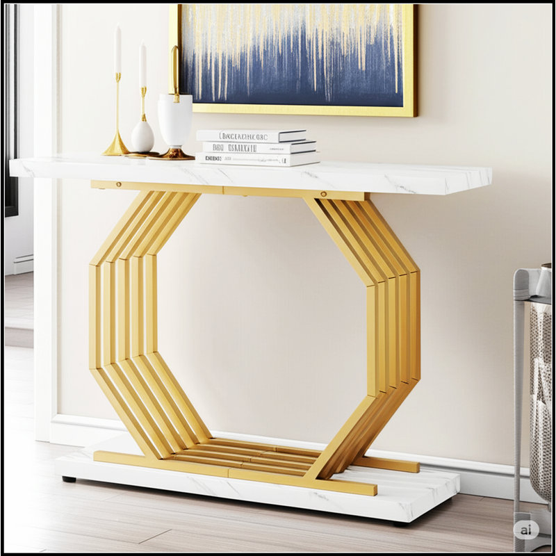 Console de 40 pouces en or avec plateau en faux marbre et base en métal géométrique, parfaite pour les espaces modernes et étroits
