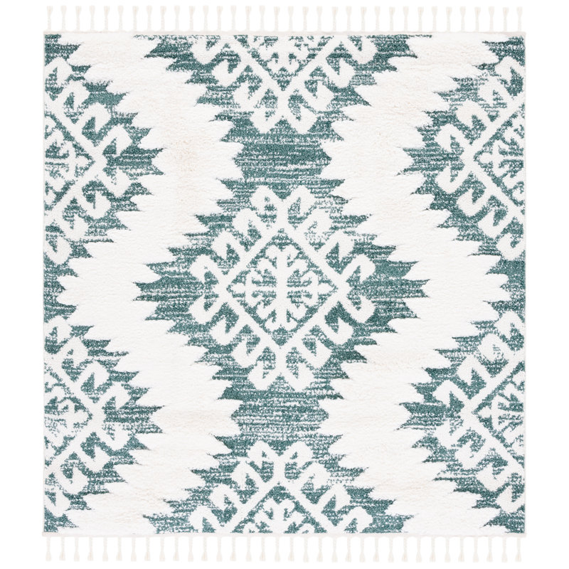 Tapis à performance géométrique marocain, Green/Ivory, Carré 4 pi
