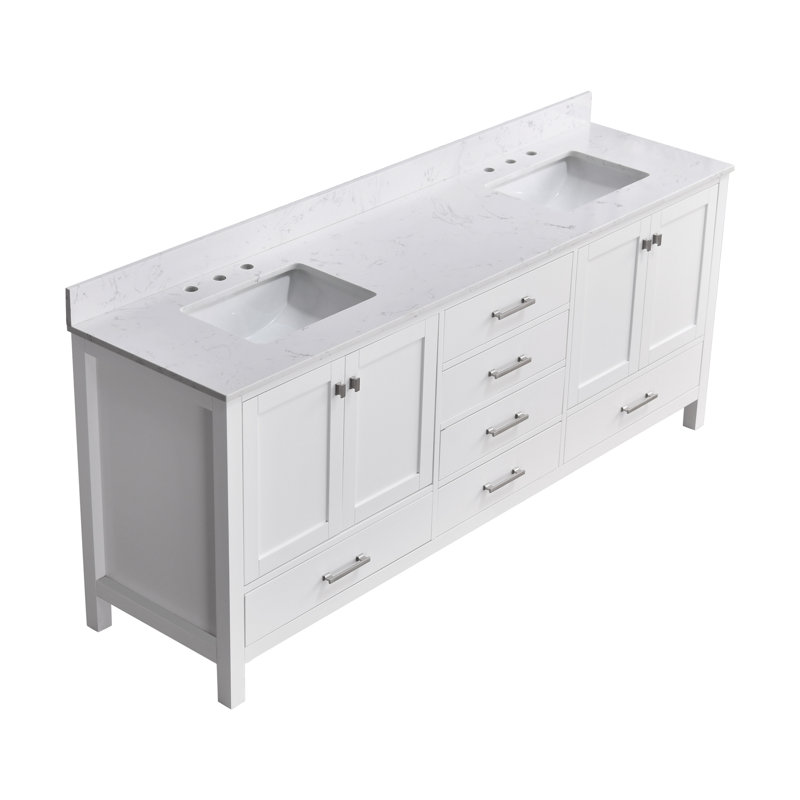 Render 84'' Double Bathroom Vanity With Engineered Stone Top, White