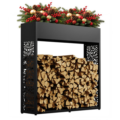 Tropical Style Firewood Rack with Planter Box and Organizer Shelf, Heavy Duty Metal Log Storage Holder with Palm Leaf Decor, Black