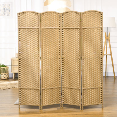 Paravent 4 panneaux d'une hauteur de 5,6 pi pour la chambre à coucher. Motif tissé à la main avec saveur de bois naturel. Cloison polyvalente. Structure et sangles en polypropylène. Léger et pliable. Aucun assemblage requis