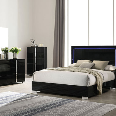 Contemporary Piano Bed W LED Headboard UV Finish Bedframe Bedroom Furniture