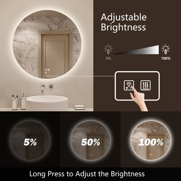 Orren Ellis Round Frameless Lighted Bathroom/Vanity Mirror Dimmable ...