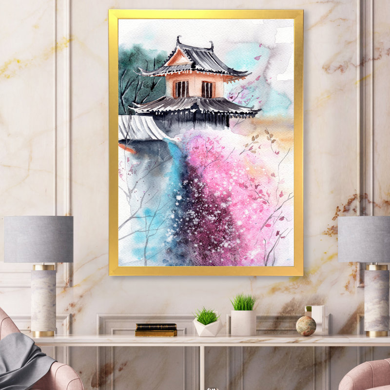 Fleurs de cerisier avec temple japonais - peinture sur toile, H 32 po x l 24 po x P 1 po, Cadre doré à coins fermés