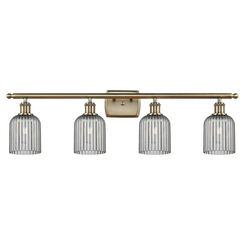 Éclairage pour meuble-lavabo à 4 lumières à intensité variable Fiennes Veil, Laiton antique, Gris fumée